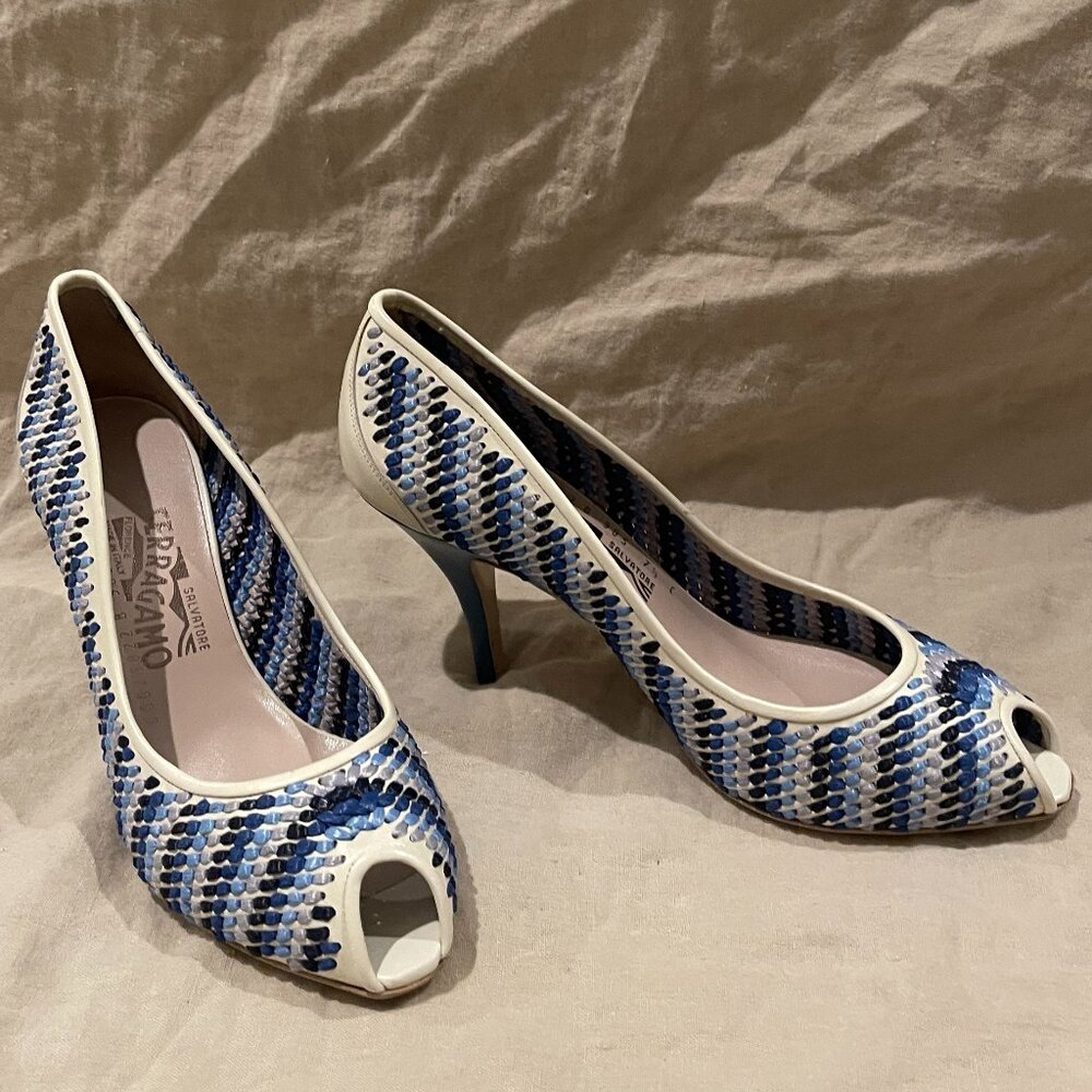 Salvatore Ferragamo Peek A Boo Toe White Leather with Braided Shades of Blue